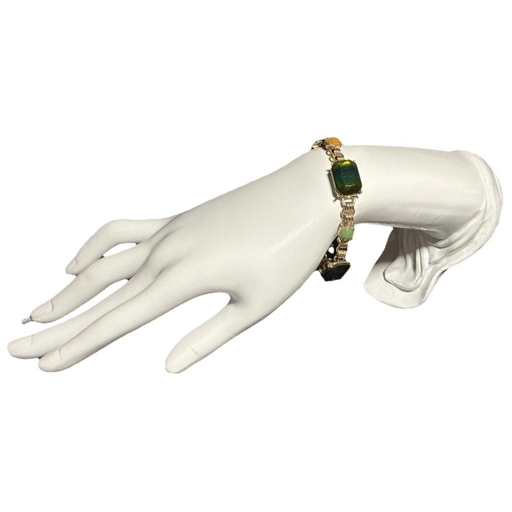 Vintage Green and Orange Stone Gold Tone Bracelet J19-31